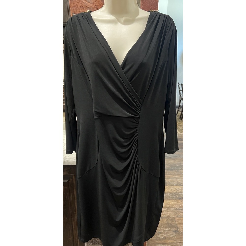 Calvin Klein Black Faux Wrap Ruched Sheath Dress Gold Shoulder Zip Size 12